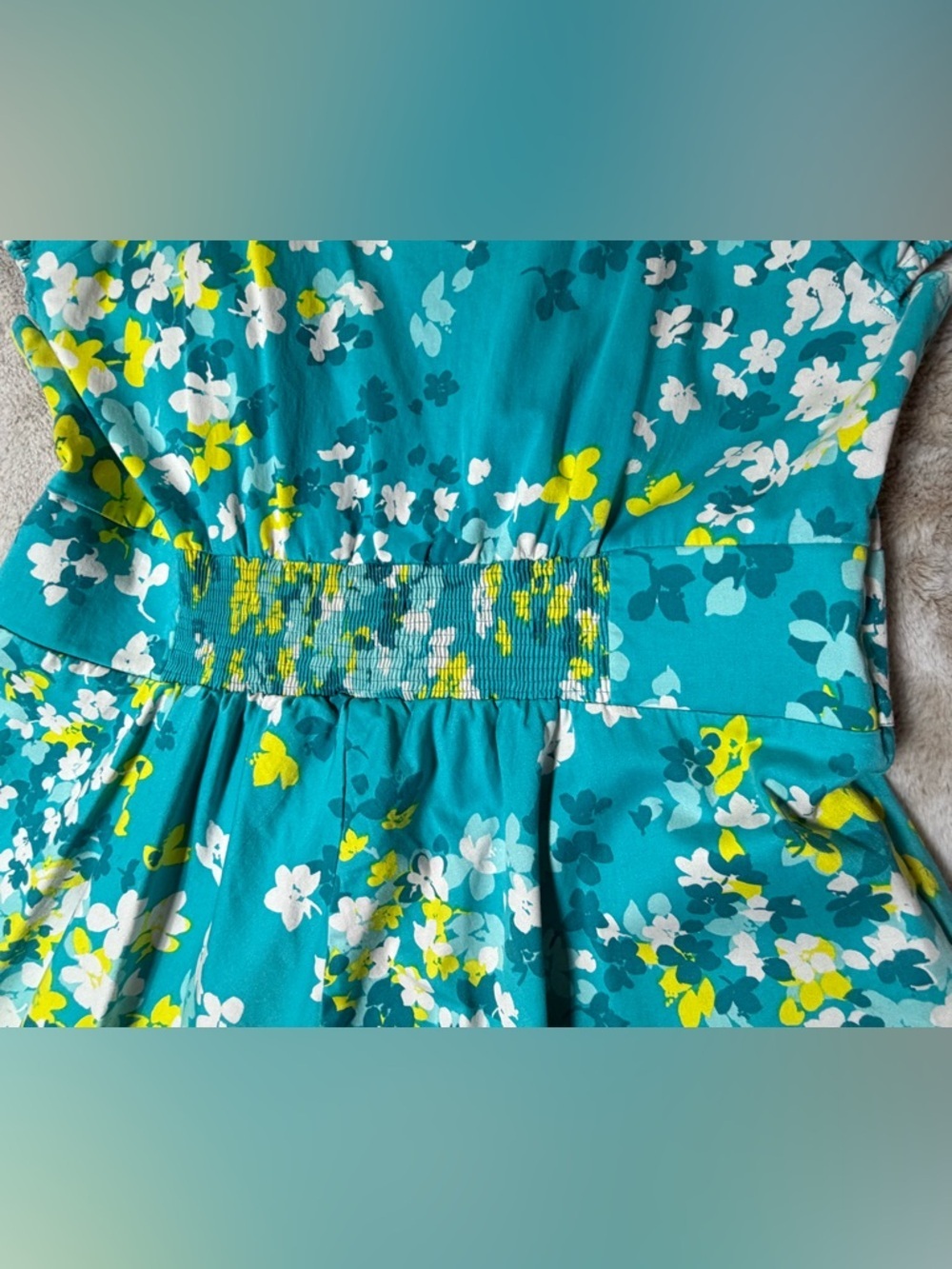 eshakti Teal Floral Puff Sleeve Dress w/Pockets & Fabric Flowers at Neckline 1X - Picture 5 of 12